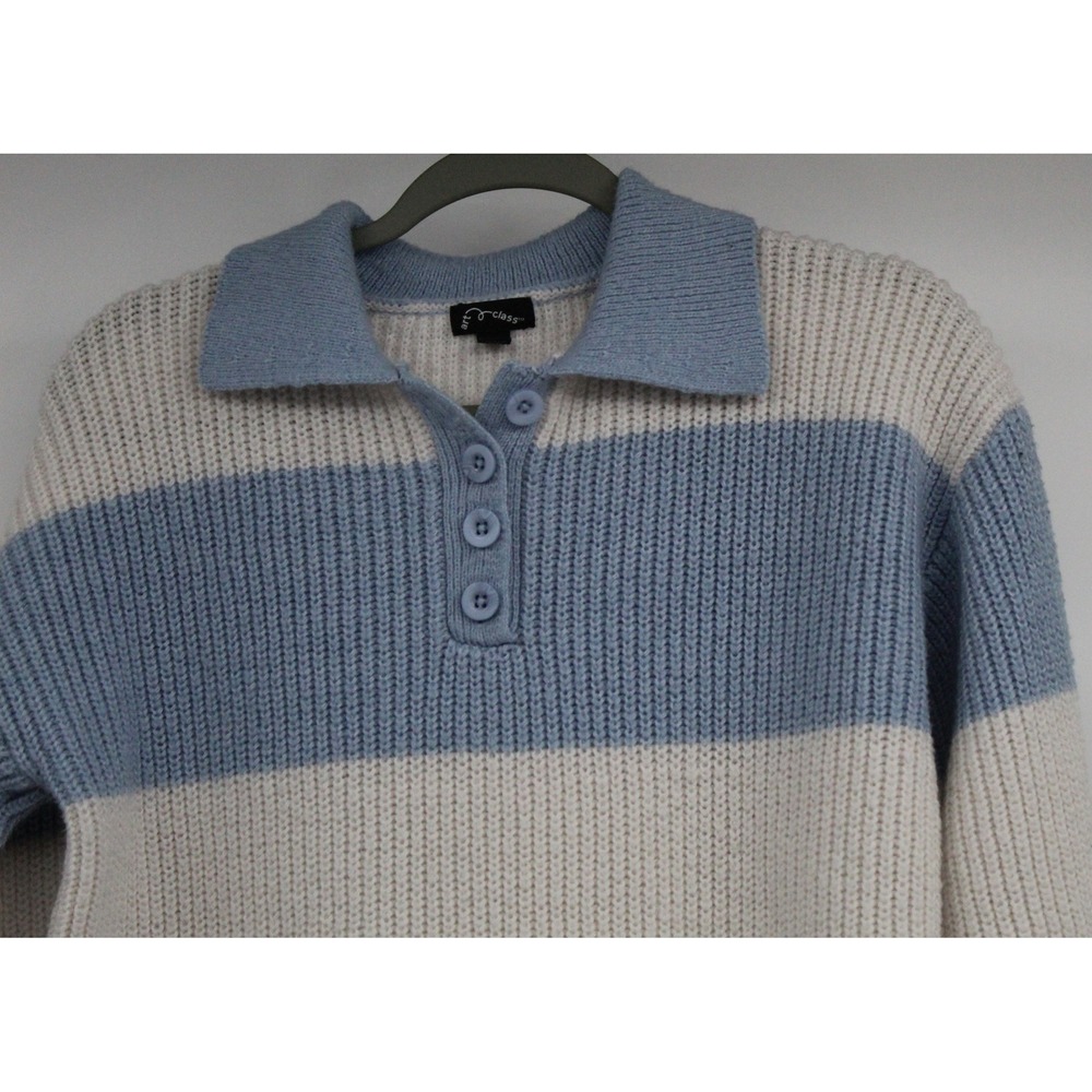 Art Class Blue Cream Striped Polo Collar Knit Sweater XL 14/16 Long Sleeve - Picture 2 of 4